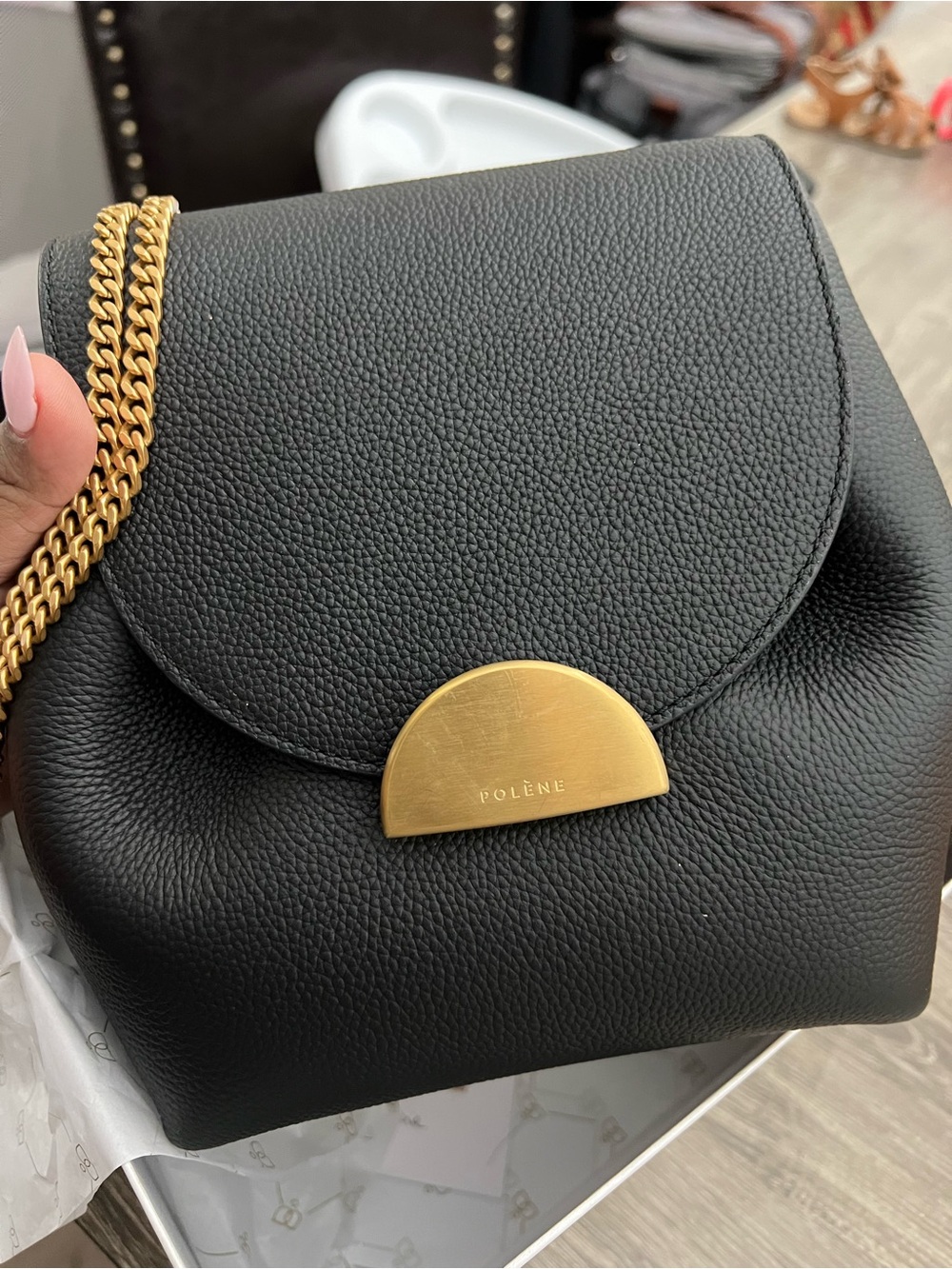 Polène Black Pebbled Leather Crossbody with Gold Accents-Numero UN